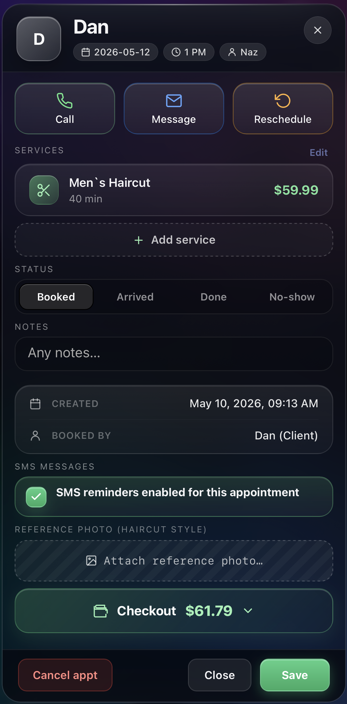 VuriumBook appointment modal on iPhone